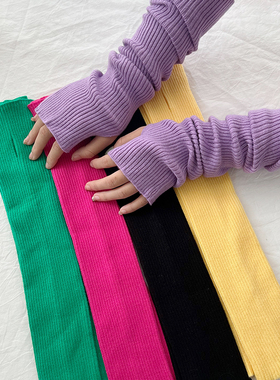 日系针织毛线手套女秋冬新款露指可触屏防寒保暖护臂纯色长款袖套