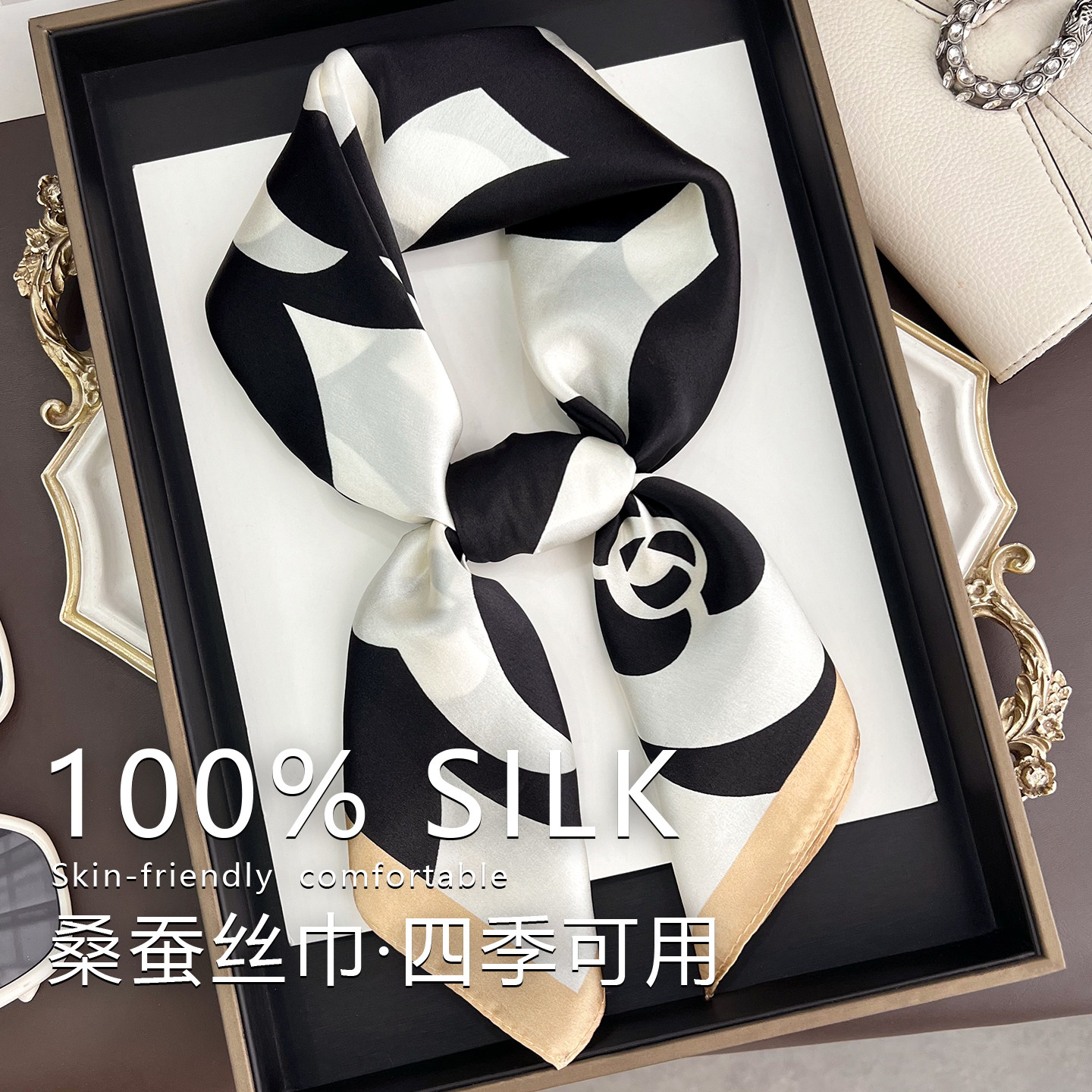 新款山茶花70小方巾女100%桑蚕丝百搭装饰丝巾时尚气质多功能方巾
