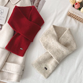 新款 韩国纯色交叉围脖秋冬保暖毛线小围巾女韩系显白防寒护颈情侣