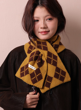 2025新款韩系英伦风菱形格100%羊毛小围巾女冬季保暖百搭针织围脖