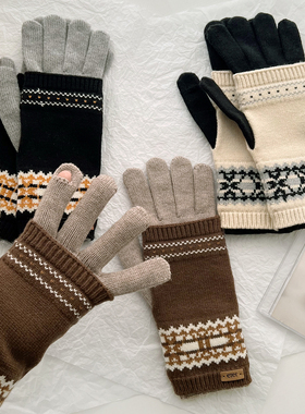 新款圣诞节复古氛围感可拆卸两用针织羊毛手套秋冬保暖触屏露二指