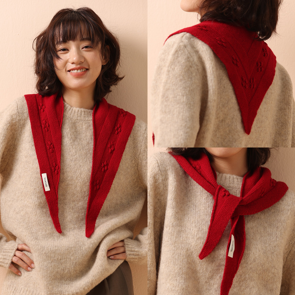 高品质100%羊毛三角巾女红色时髦立体小花装饰护颈百搭三角领巾,服饰配件/皮带/帽子/围巾,围巾/丝巾/披肩,淘宝优惠券,粉丝福利购,淘宝优惠卷