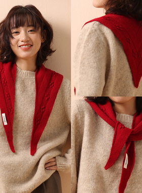 高品质100%羊毛三角巾女红色时髦立体小花装饰护颈百搭三角领巾