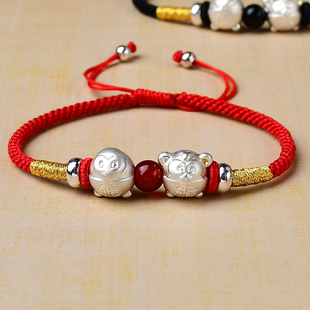 新款六合生肖手链足银本命年吉祥红绳女男黑手绳手工精编安康礼品