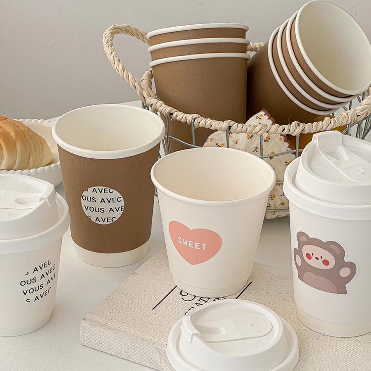 咖啡杯子一次性双层牛皮纸杯带盖