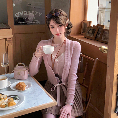 【5折特惠】日杂舒适系 马海毛棉感花边定制刺绣开衫半身裙