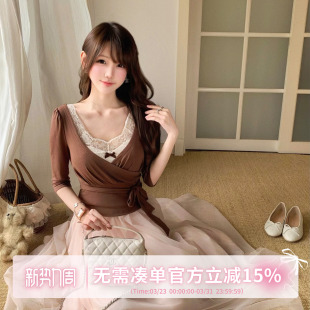 棕色针织衫 温柔风套装 蕾丝内搭背心网纱半身长裙 芭蕾首席 甜水仙