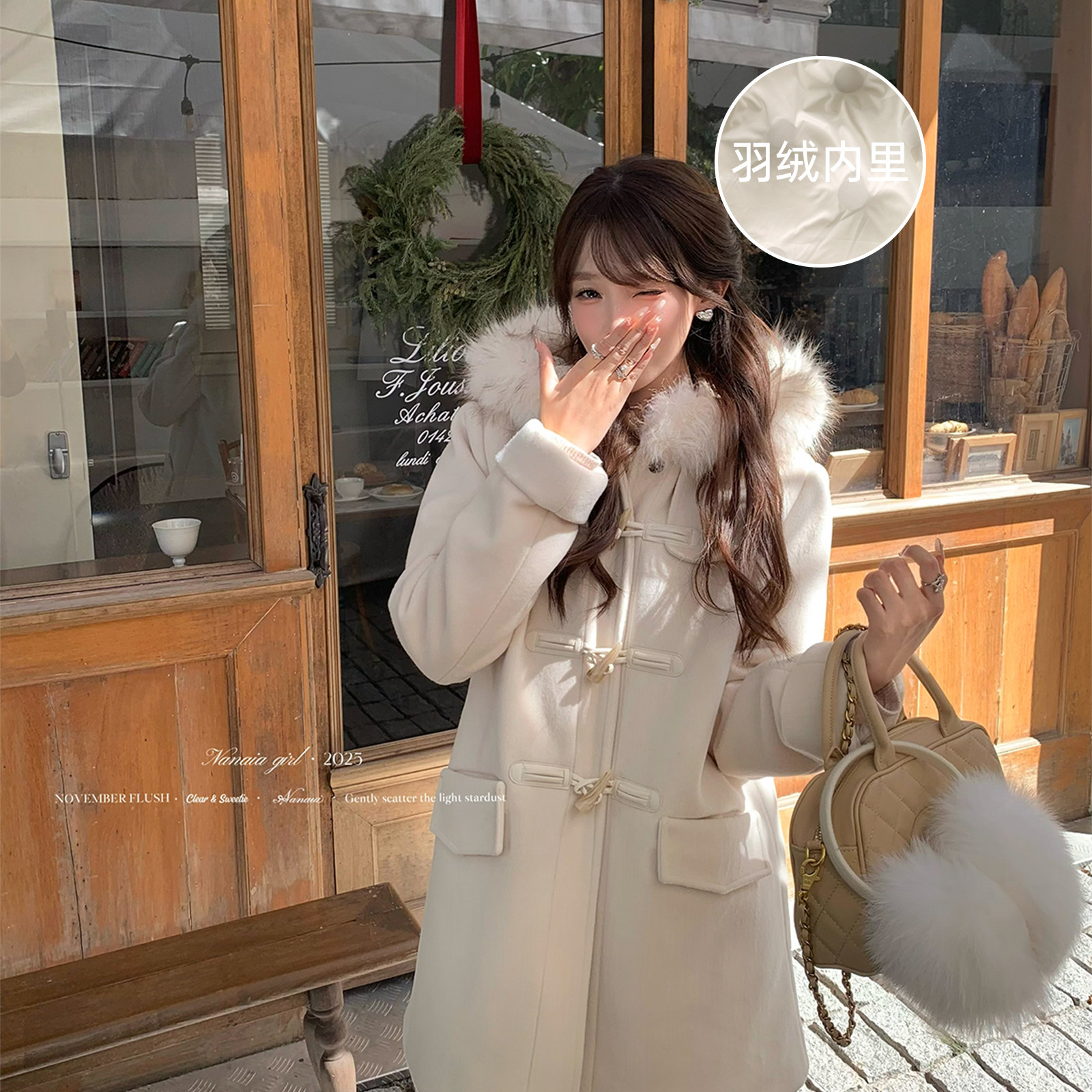 甜水仙 古早杂志大衣 白色连帽大衣夹羽绒加厚保暖宽松毛呢外套冬