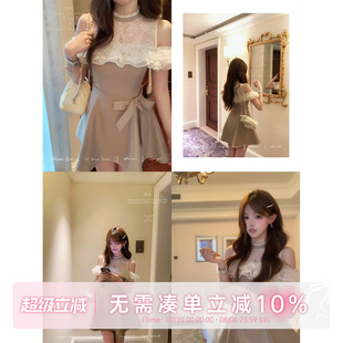 洛可可千金 甜水仙 重工多層網(wǎng)紗杏色蕾絲拼接一字肩連衣裙女短裙