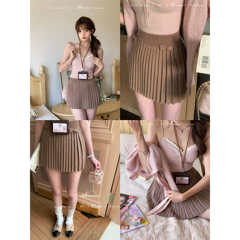 甜水仙 纯正王牌系裙 毛针织半身裙高腰小个子蝴蝶结设计百褶裙