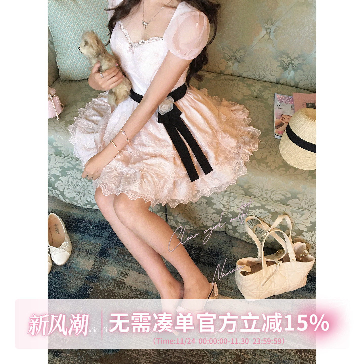 甜水仙 古董天使 法国棉感刺绣连衣裙山茶花蝴蝶结腰部生日裙短裙