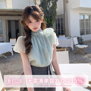 甜水仙 优雅大小姐风立领薄纱T恤宽松显瘦蕾丝花边上衣 春日薄纱