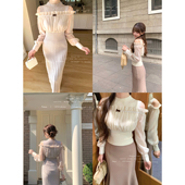 少女赞礼 一字肩拼接毛织连衣裙春季 灯笼袖 甜水仙 修身 显瘦长裙