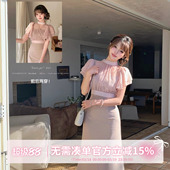 修身 蕾丝杏色连衣裙法式 显瘦复古褶皱长裙女 宫廷大小姐 甜水仙