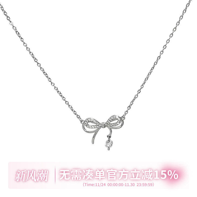甜水仙 双层蝴蝶结银色项链