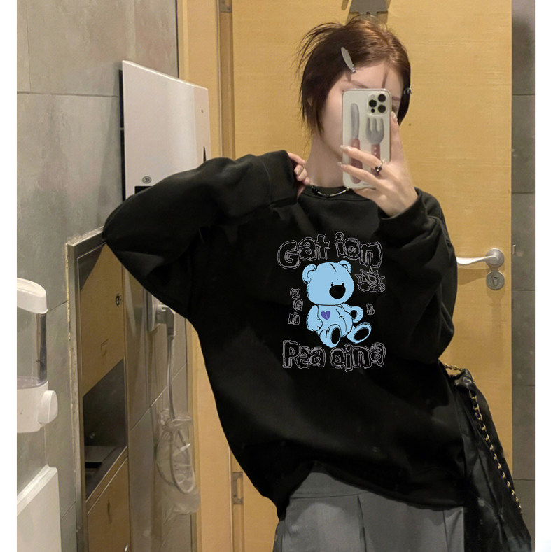 慵懒风可爱白色卫衣女春秋李圆领套头内搭宽松洋气韩版薄款上衣潮
