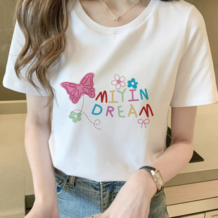 100%纯棉美式 笑脸字母印花宽松休闲体恤高级感上衣 t恤短袖 女夏季