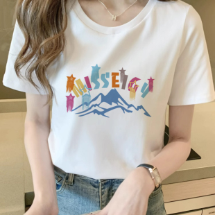 100%纯棉2025年夏季 t恤上衣女潮流 韩版 休闲百搭宽松简约字母短袖