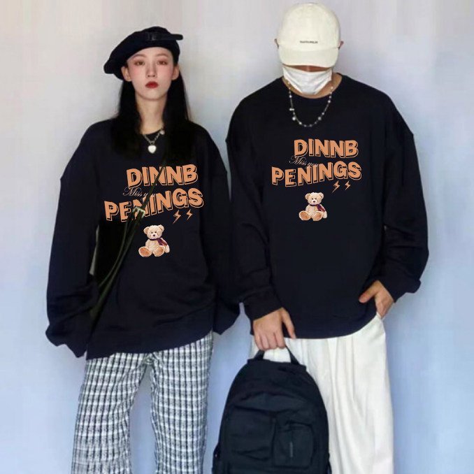 chic秋季ins潮牌情侣上衣oversize新款宽松港风印花圆领卫衣女男