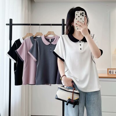 大码胖mm撞色POLO领百搭显瘦休闲T恤女夏季新款时尚宽松上衣8333