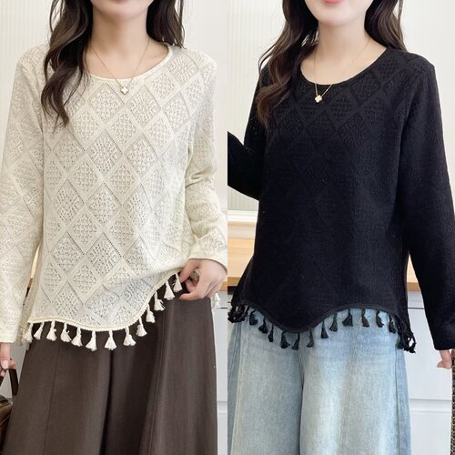 镂空提花不规则下摆流苏打底衫