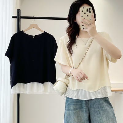 韩版洋气褶皱荷叶边拼接T恤女夏