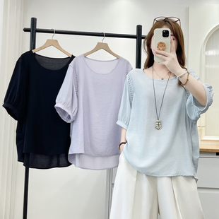 大码胖mm法式百搭显瘦镂空拼接圆领衬衫女夏新款减龄休闲上衣3028