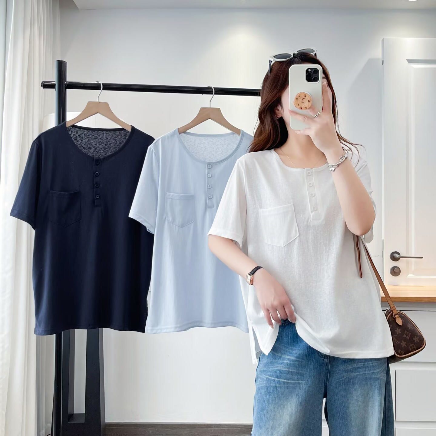 大码胖mm简约纯色宽松口袋纽扣显瘦T恤女夏季新款时尚百搭上衣776
