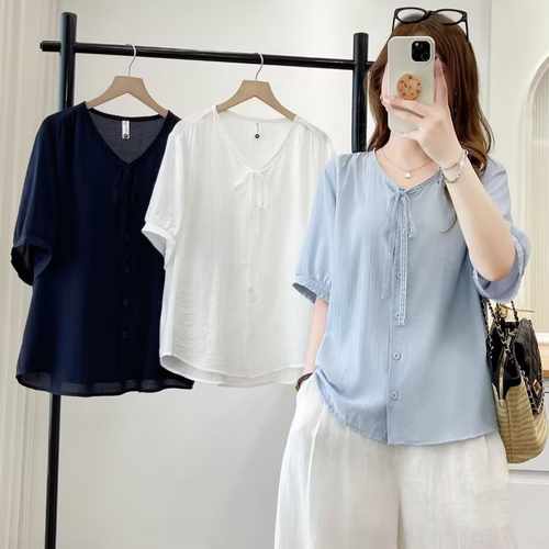 韩系百搭V领系带花边短袖衬衫