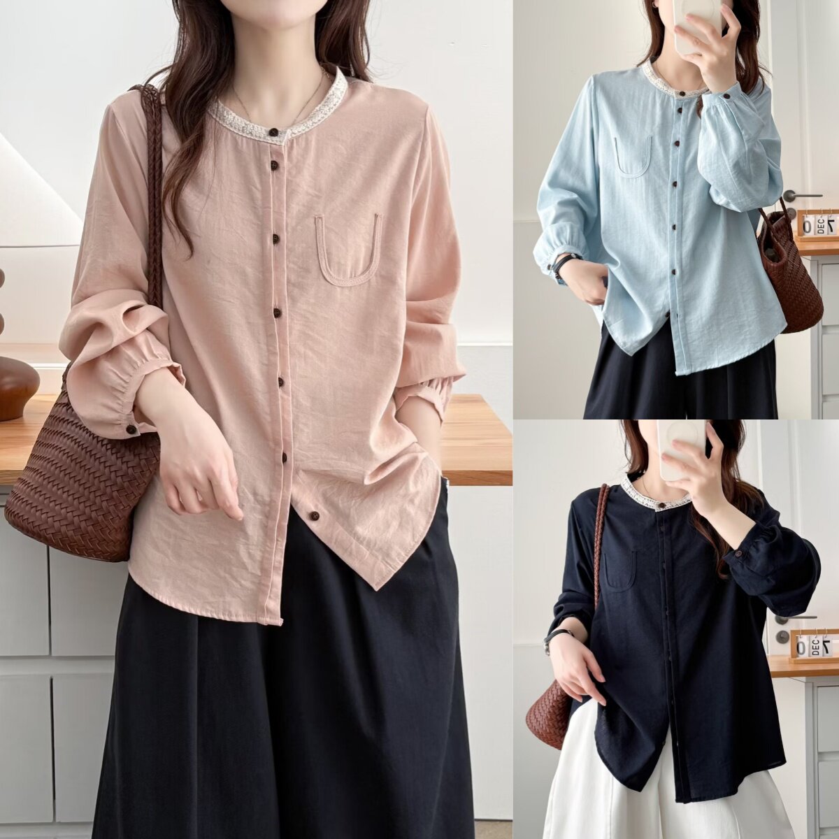 大码胖mm春装新款韩版显瘦长袖上衣女设计感花边领拼接衬衫女632