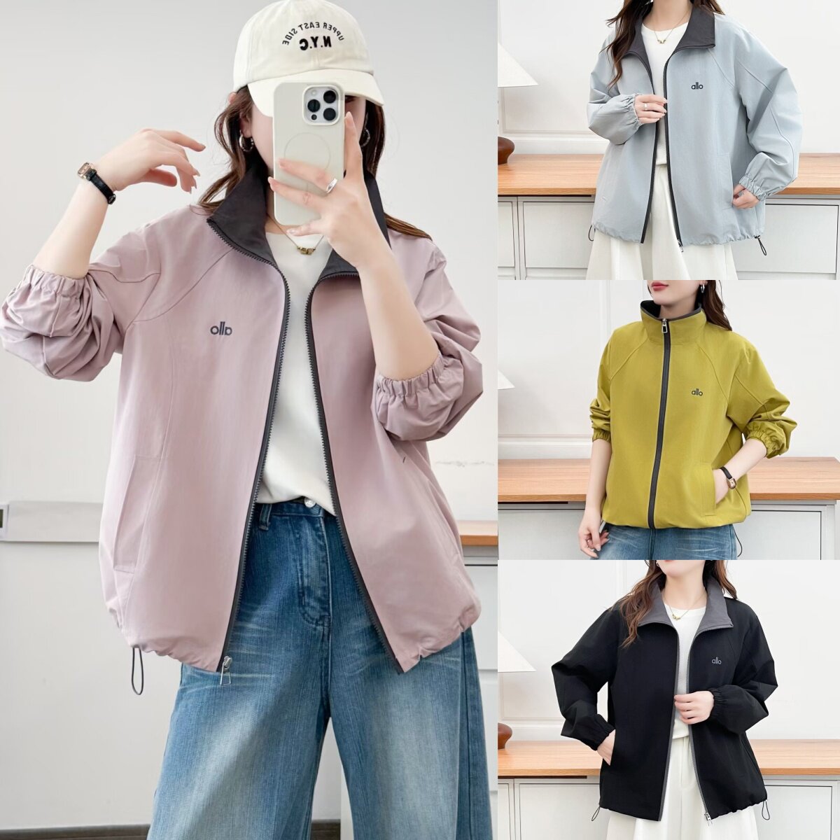 大码胖mm立领拼接百搭字母夹克外套女春季新款休闲宽松上衣2340