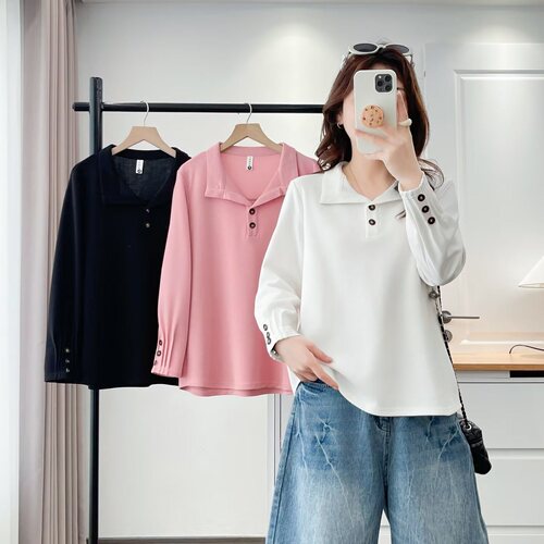 韩版时尚设计感翻领捏褶长袖T恤