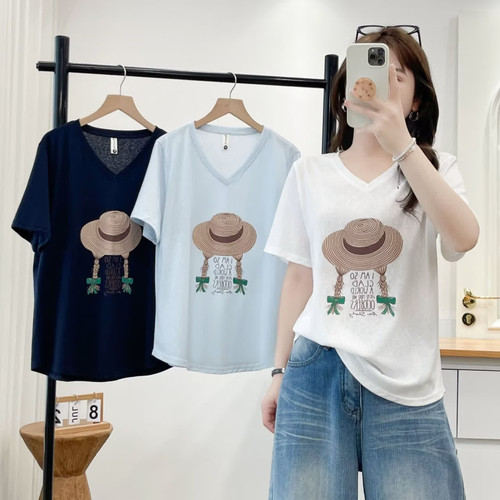 大码胖mm百搭减龄印花显瘦假两件T恤女夏季新款宽松藏肉上衣8810