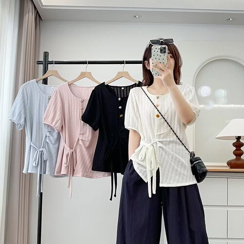 大码胖mm韩系设计感时尚系带收腰显瘦T恤女夏季新款百搭上衣303