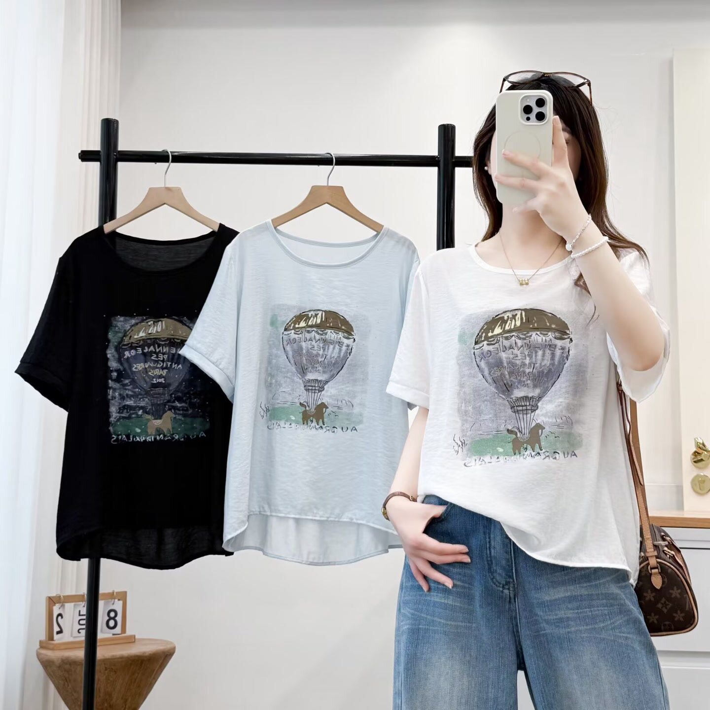 大码胖mm设计感显瘦烫钻印花褶皱拼接T恤女夏季新款休闲上衣9820