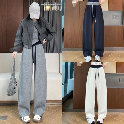 大码胖mm春季新款弯刀运动裤女抽绳高腰拼接宽松阔腿休闲卫裤8845