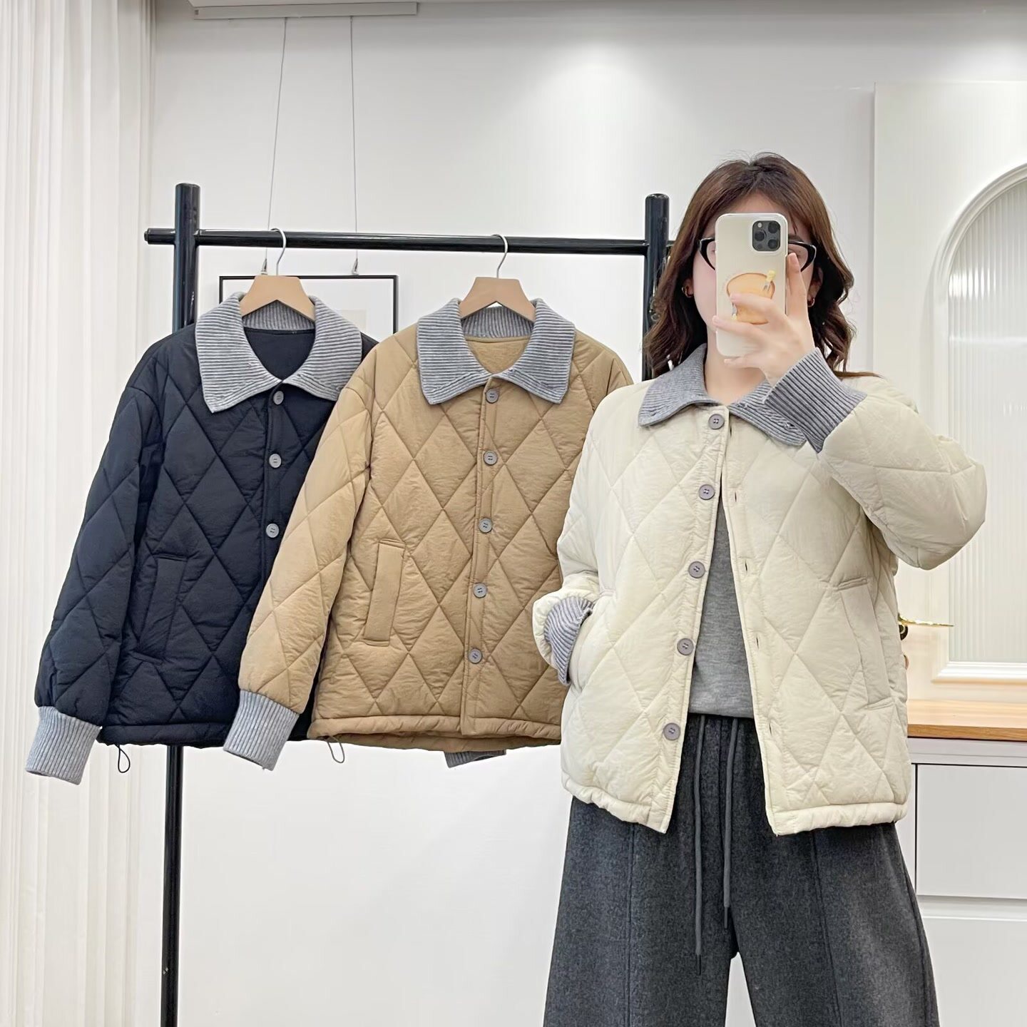 韩版宽松菱形格翻领拼接棉服