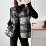 100-200斤大码女装胖mm秋冬款洋气时髦百搭格纹叠穿毛呢马甲8632