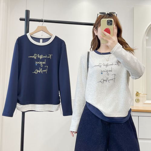 大码胖mm韩版减龄印花撞色假两件长袖T恤女秋季新款显瘦上衣2635