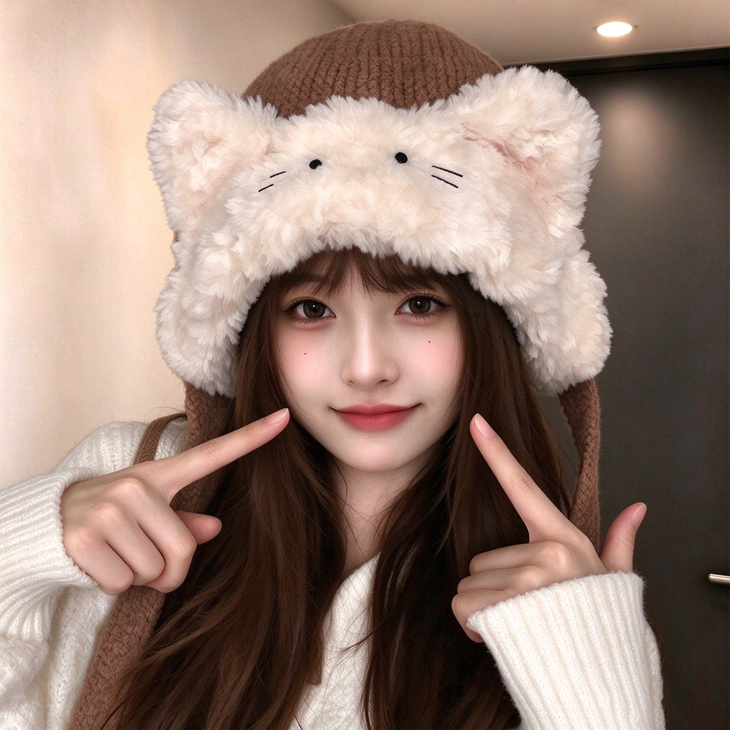 日系可爱猫耳帽子女秋冬季甜美显脸小雷锋帽毛绒套头帽保暖针织帽
