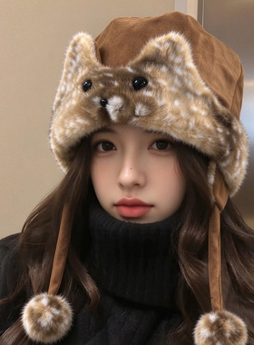 韩系猫耳毛绒保暖护耳雷锋帽女