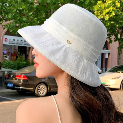 夏季轻薄透气时尚渔夫帽子女出游防晒帽可折叠日本和纸接拼太阳帽
