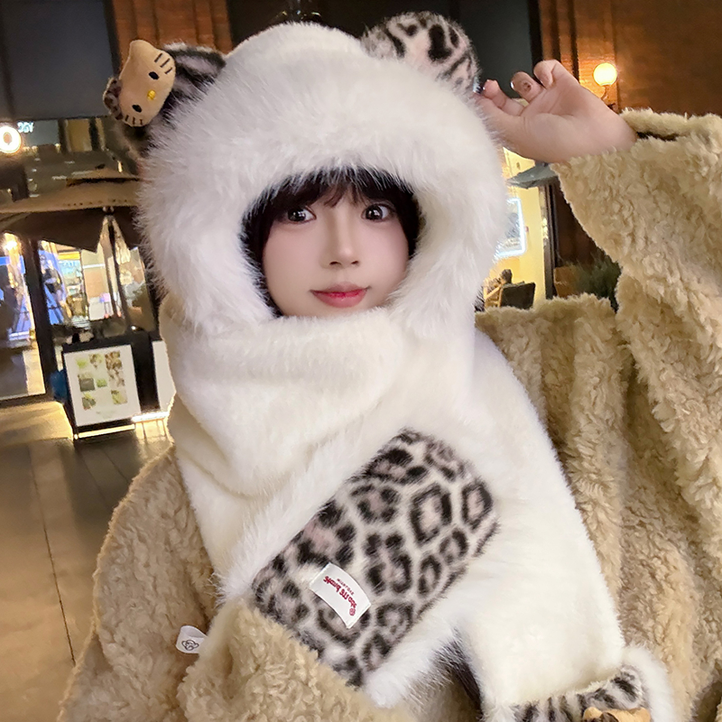灵允加厚保暖三件套可爱豹纹小熊