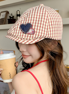韩系复古格纹前进帽子女2026新款春夏爱心时尚贝雷帽显脸小画家帽