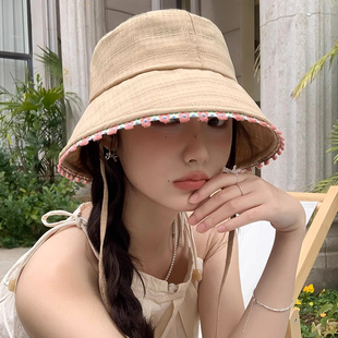 甜美可愛花邊漁夫帽子女夏季 大帽檐遮陽(yáng)防曬帽出片氛圍感盆帽 新款