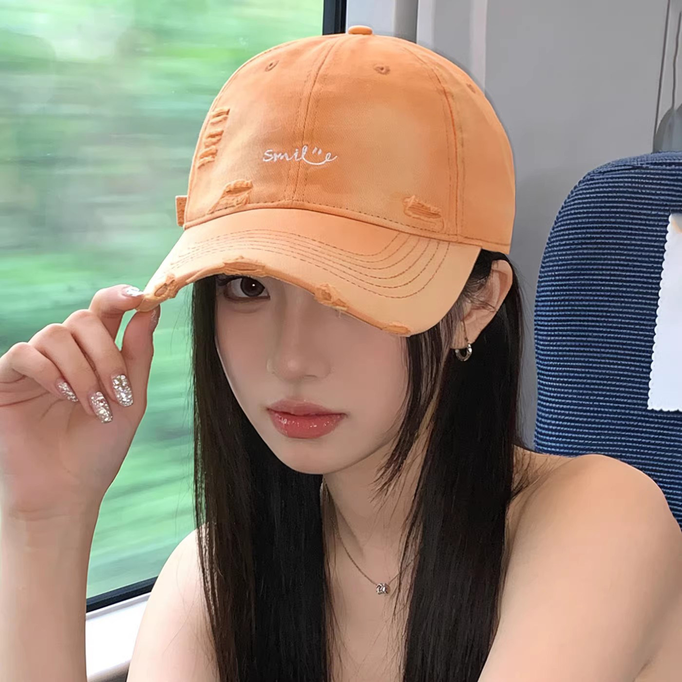 橘色笑脸字母刺绣棒球帽子女春夏破洞做旧显脸小大头围软顶鸭舌帽