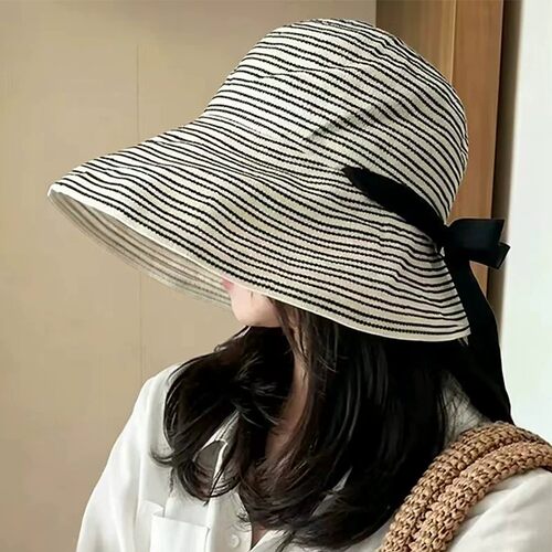 复古条纹大檐防晒渔夫帽女春夏