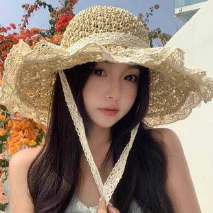 可爱绑带海边度假氛围感防晒遮阳帽 沙滩甜美蕾丝草帽女款 夏季 新款