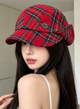 红色格纹学院风帽子女款夏季薄款素颜百搭渔夫帽显脸小盆帽鸭舌帽