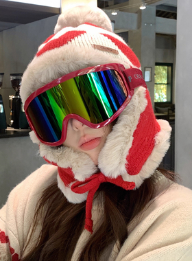 东北毛绒雷锋帽子女秋冬季加厚保暖针织毛线帽骑行滑雪防寒护耳帽